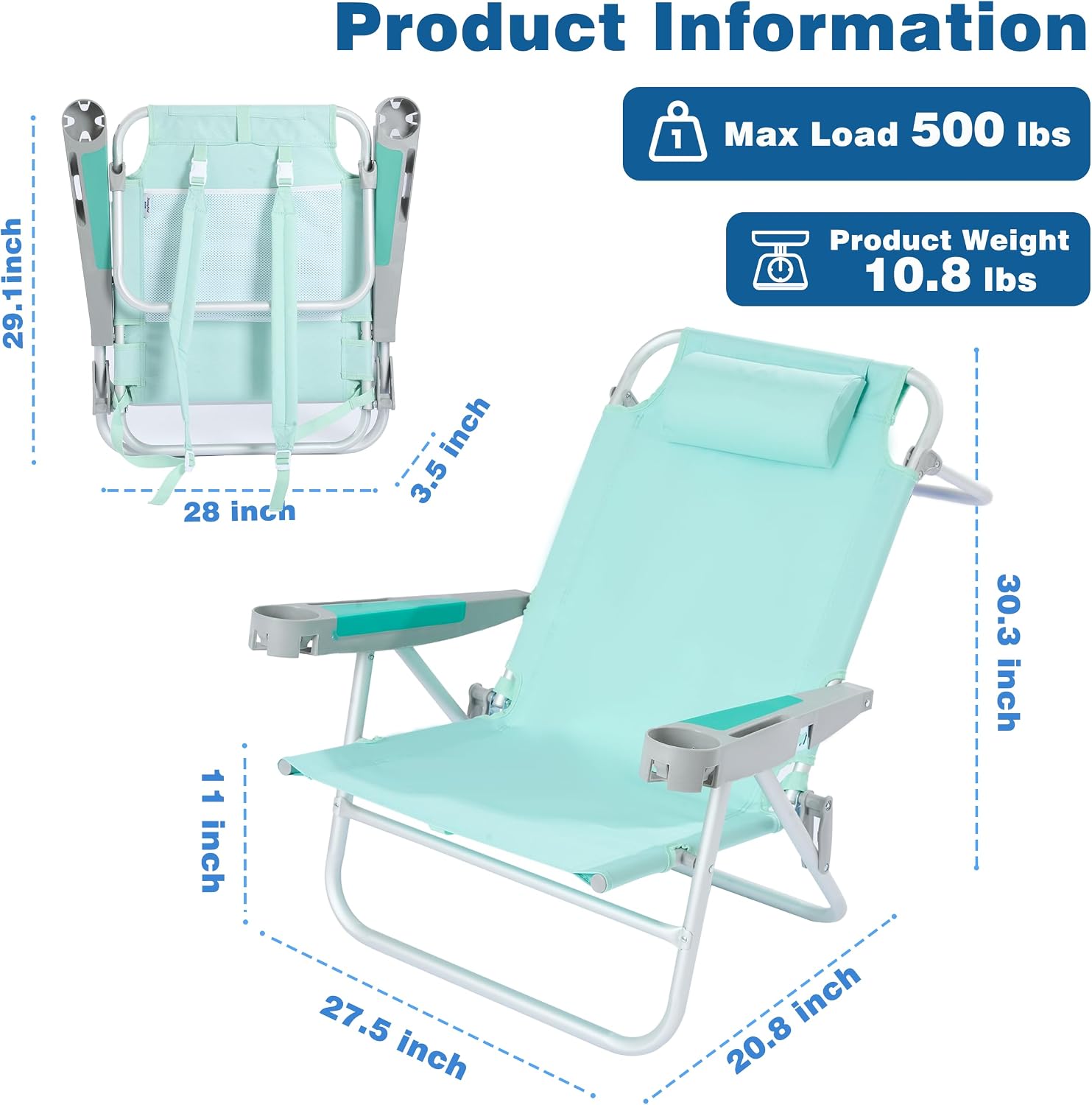 SUNNYFEEL Extra Wide Low Beach Chair 2 Pack 5 Position Lay, XL Oversized Portable Folding Camping Chairs with Cup Holder for Outdoor/Sand, Foldable Backpack Beach Chair for Adults Heavy Duty 500 LBS