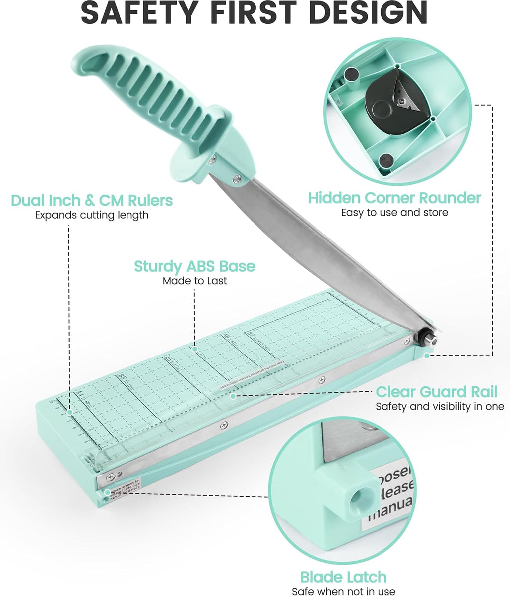 MAKEASY Paper Cutter 12 Inch, Guillotine Paper Cutter with 8 Sheet Capacity, Heavy Duty Paper Cutter for Cardstock, Paper Trimmer for Crafting, Classroom and Office, Green
