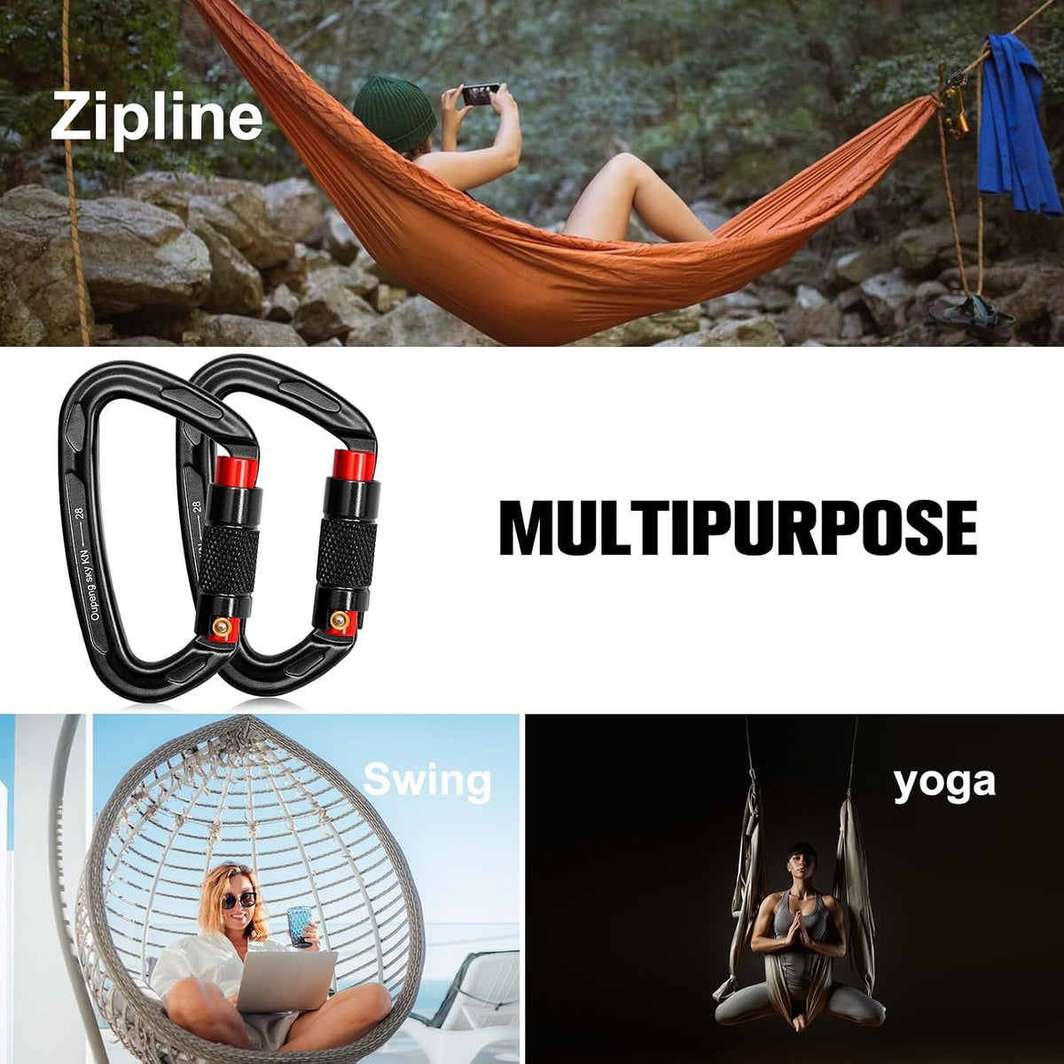Oupeng sky Auto Locking Carabiner Clips - 28KN (6172lbs) Heavy Duty Caribeaners, Large Carabiner Clip for Keychains，Hammock，Camping, Gym, Hiking, Outdoor ，Dog Leash