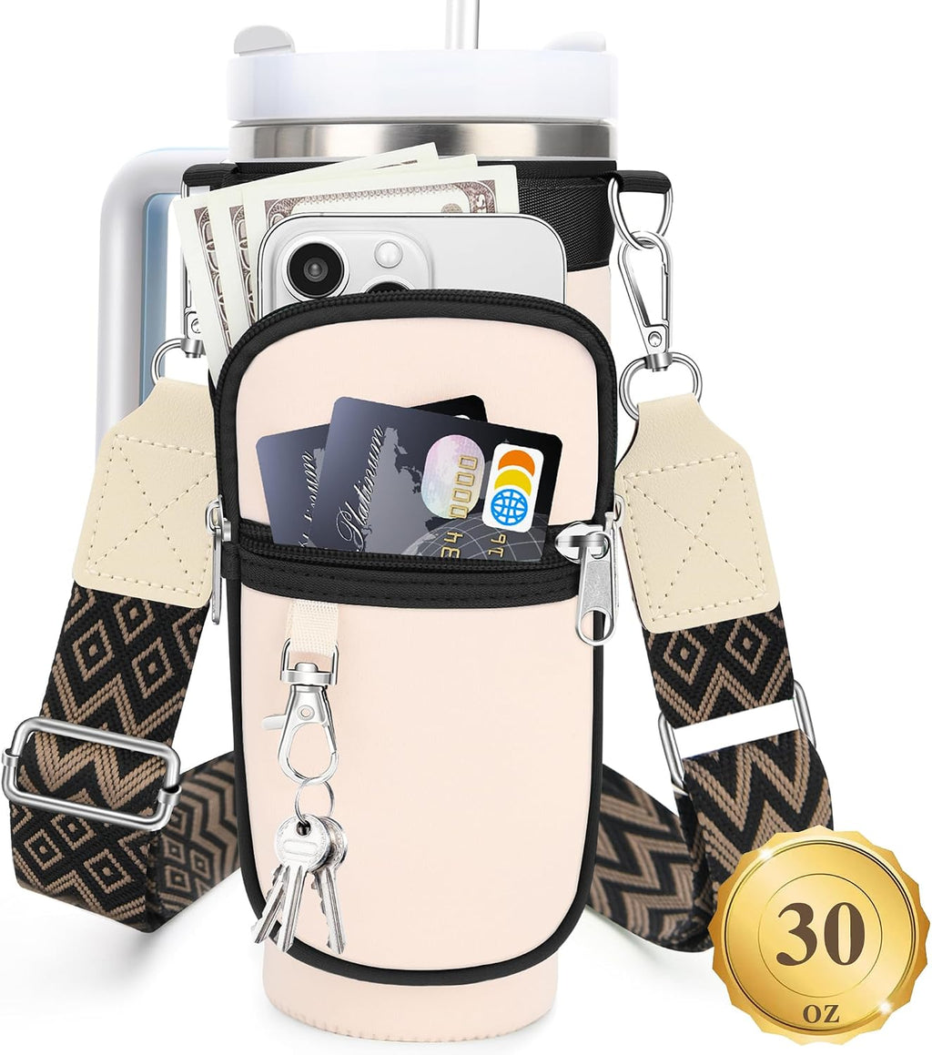 Water Bottle Carrier Bag with Canvas Shoulder Strap for Stanley 30 oz Tumbler with Handle, Water Bottle Holder Pouch with 6.7'' Phone Pocket for Stanley Cup Accessories, Birthday Gifts for Men Women