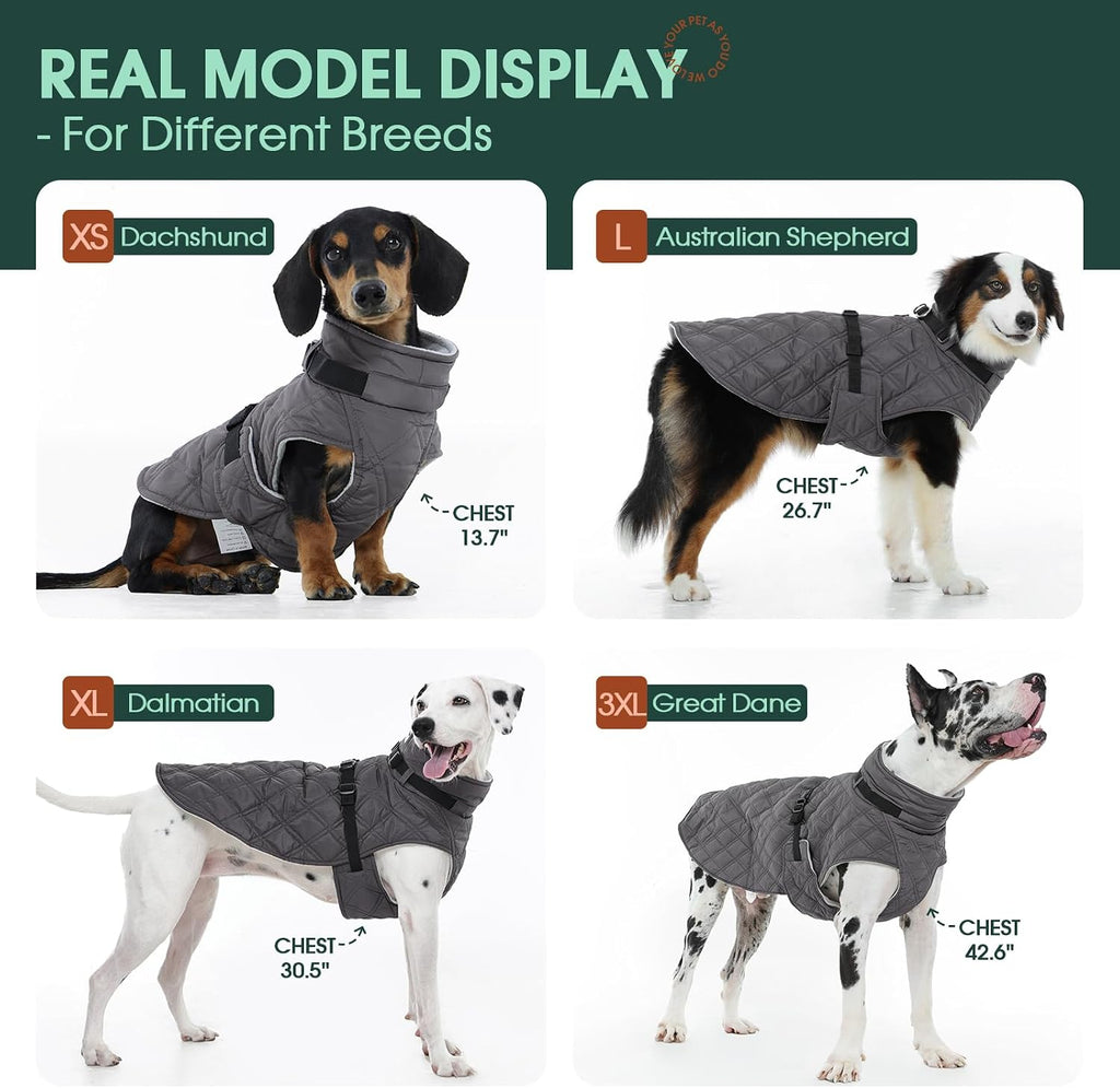 Kuoser Dog Coat Warm Fleece Lining Turtleneck Dog Jacket with Harness Built-in, Adjustable Windproof Cold Weather Coats with Quick Release Buckle Pet Winter Snowsuit for Medium Large Dogs, Grey L