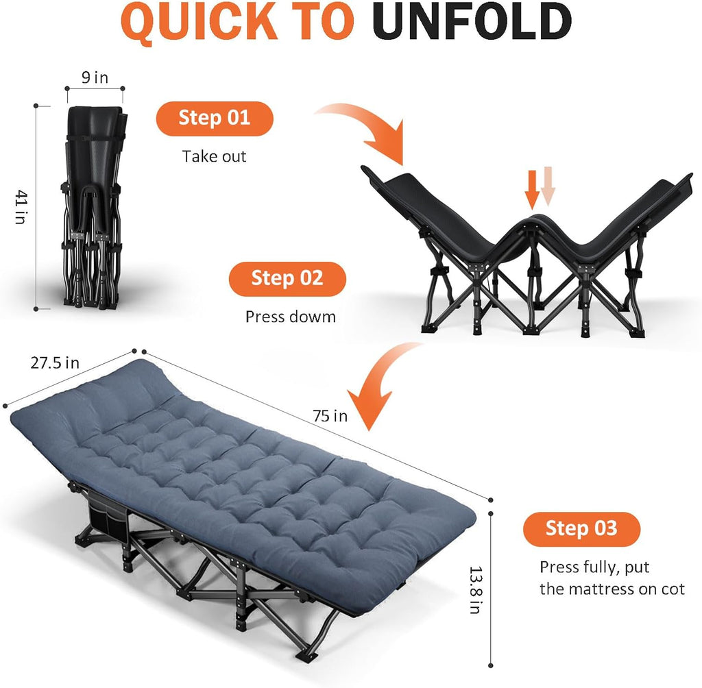 ATORPOK Camping Cot for Adults with Comfortable Cushion, Folding Bed