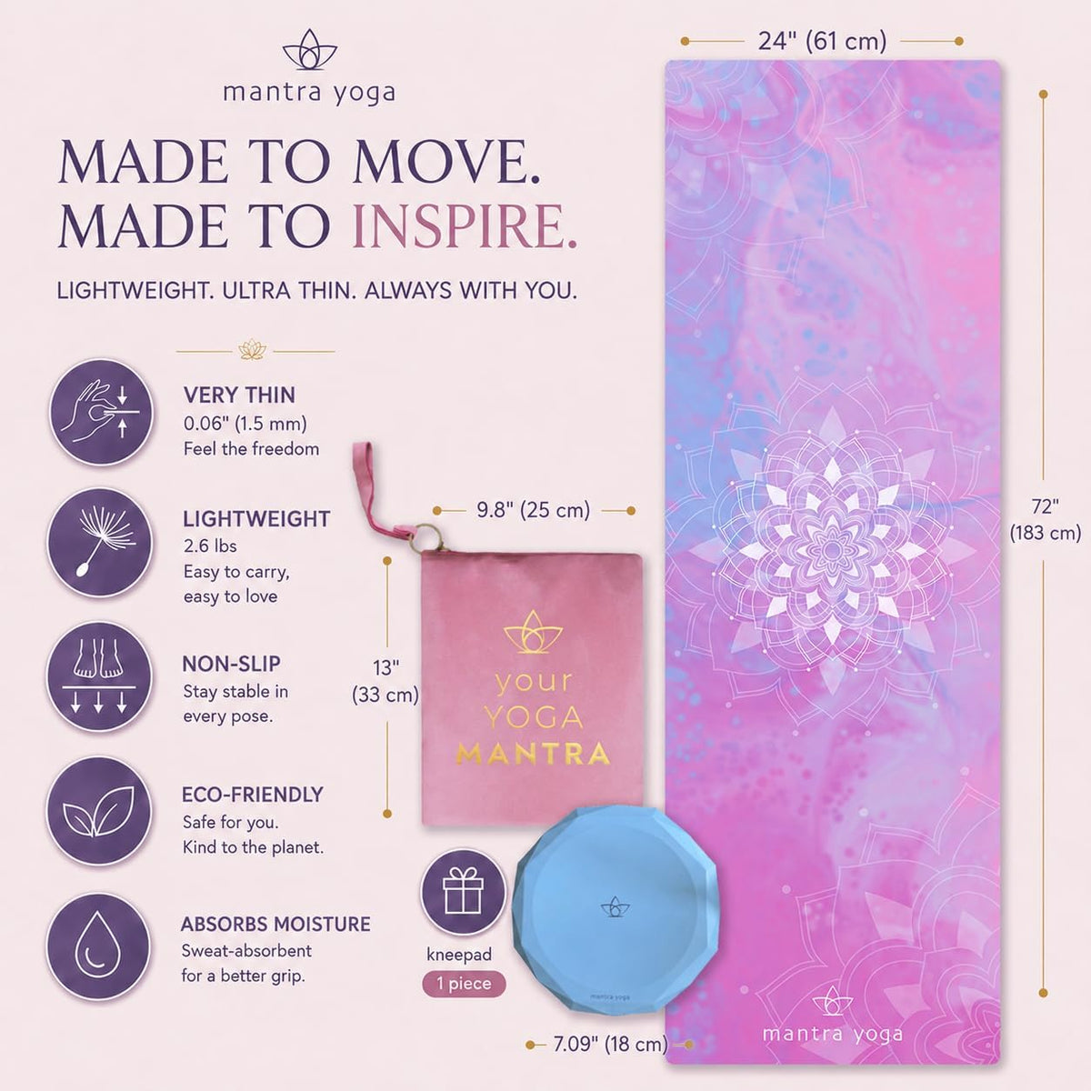 Mantra Yoga Travel PRO 1.5mm with Knee Pad - Foldable Fitness & Exercise Mat with Bag | Lightweight, Compact & Eco-Friendly | Non-Slip & Washable | For All Types of Yoga | 72" L x 24" W | 2.6 lbs
