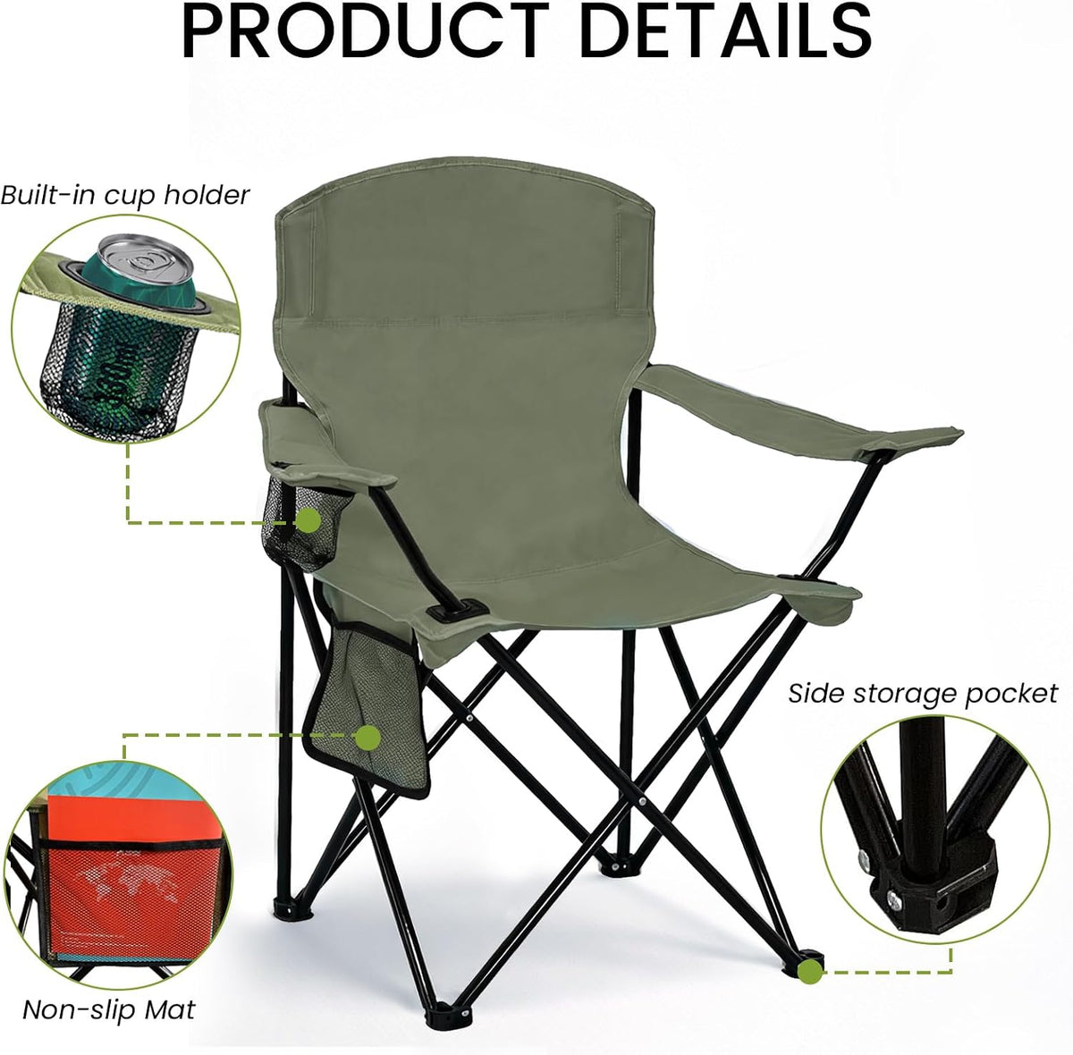Folding Camping Chair with Cup Holder & Side Storage Bag 300lbs Capacity Lightweight High Back Portable for Beach, Picnic, Sport, Green
