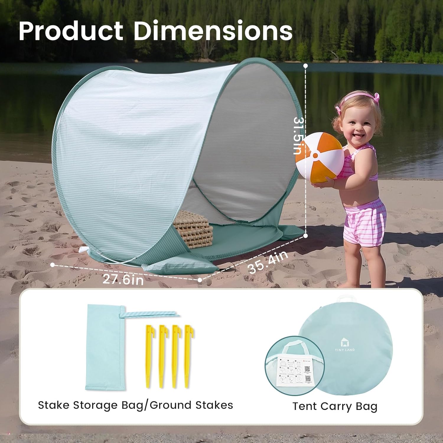Tiny Land Baby Beach Tent, Pop Up Baby Tent with UPF 50+ Sun Protection | Portable Baby Beach Essentials, 35.4"x27.6"x31.5" Sun Shelter for Infants, Baby Outdoor Use, Pastel Aqua