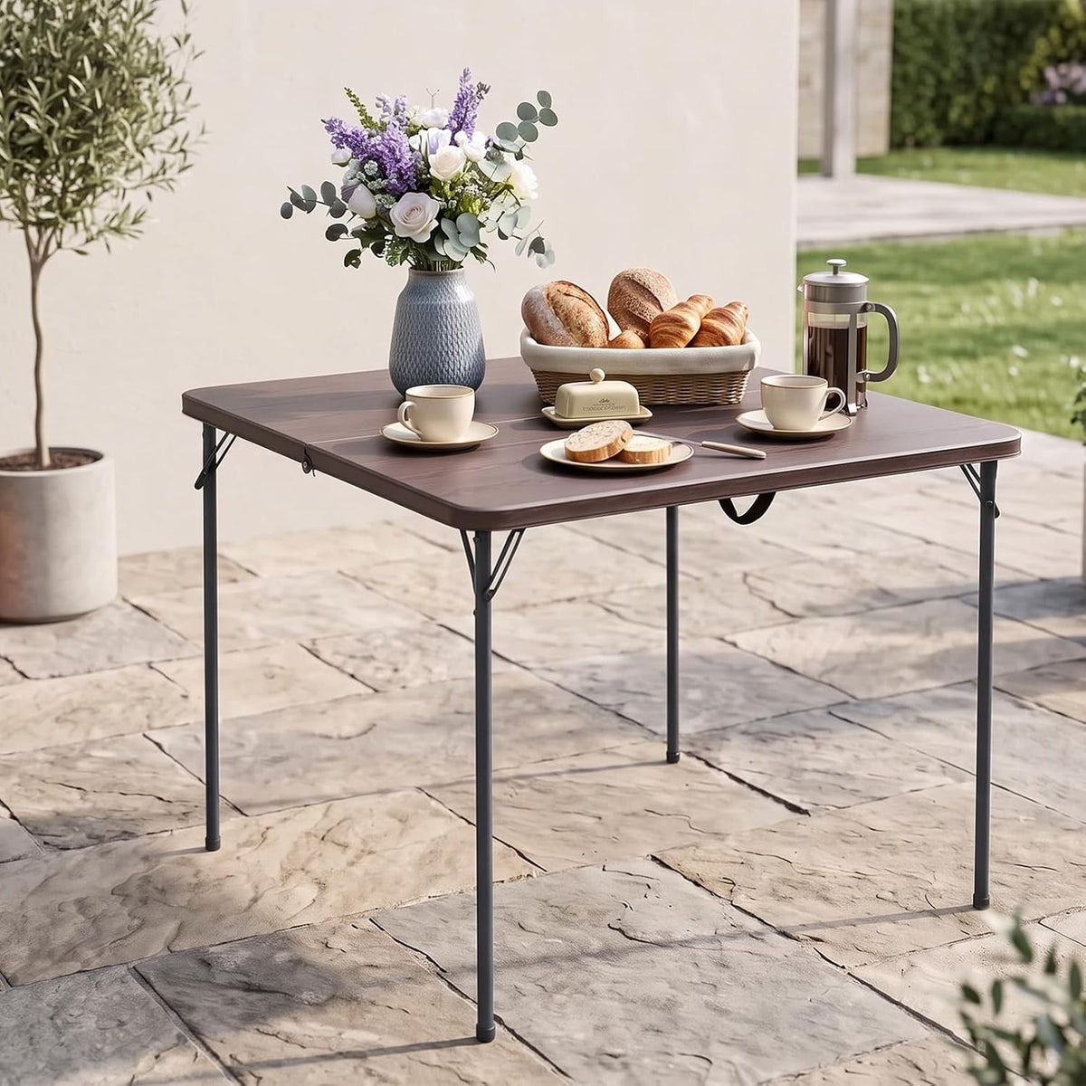 34" Square Folding Table for 4 Person, 330lbs Weight Capacity Foldable Table with HDPE Tabletop & Heavy-Duty Steel Legs, Portable Picnic Table for Indoor Outdoor Parties, Camping, Coffee Woodgrain