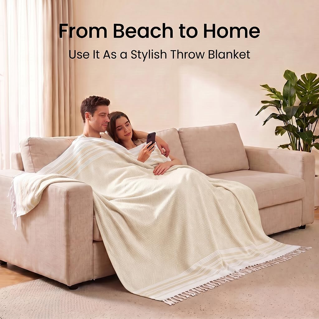 Yongoes Turkish Beach Towel Blanket Oversized 82x88 Beige Boho
