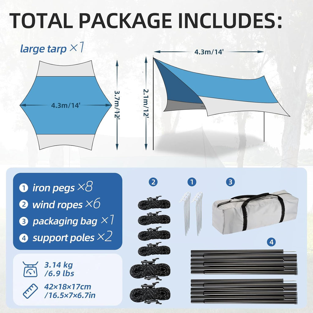 12X14FT Camping Tarp with 2 Poles, UV UPF50+ Lightweight Car Awning Sun Shelter, PU3000 Waterproof Tarp for Camping, Hiking and Backpacking Trips