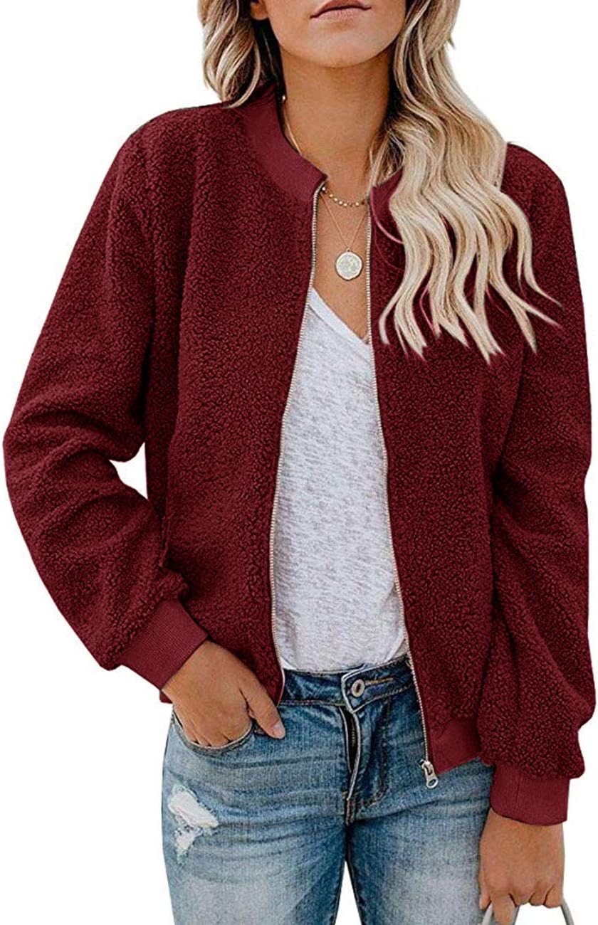 MIROL Women's Fall Fleece Bomber Jacket Trendy Sherpa Winter Coat Fuzzy Casual Long Sleeve Zip Up Loose Fit Jackets