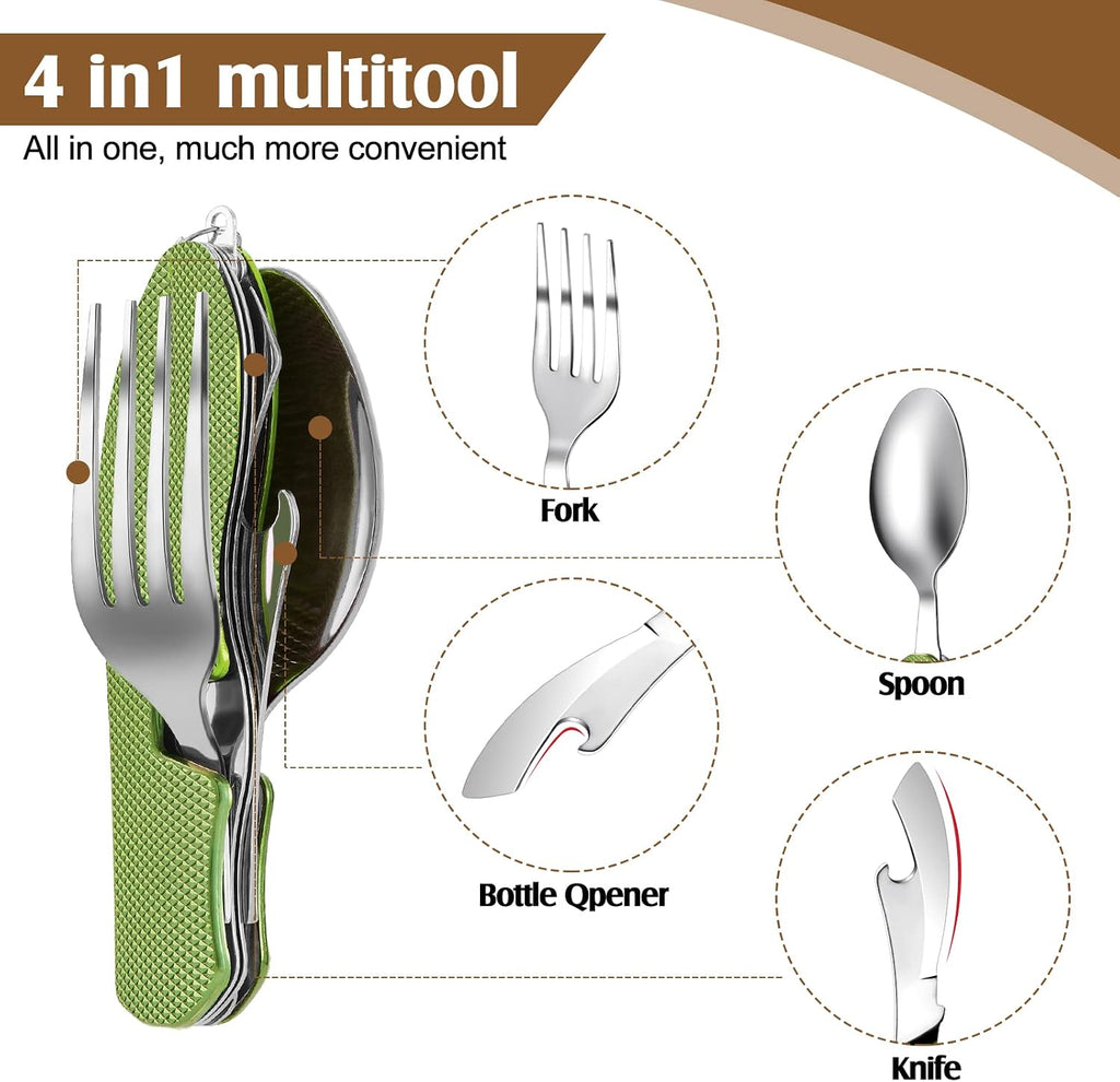 4-in-1 Camping Utensil Set, Steel Fork Spoon Knife, 5 Pcs