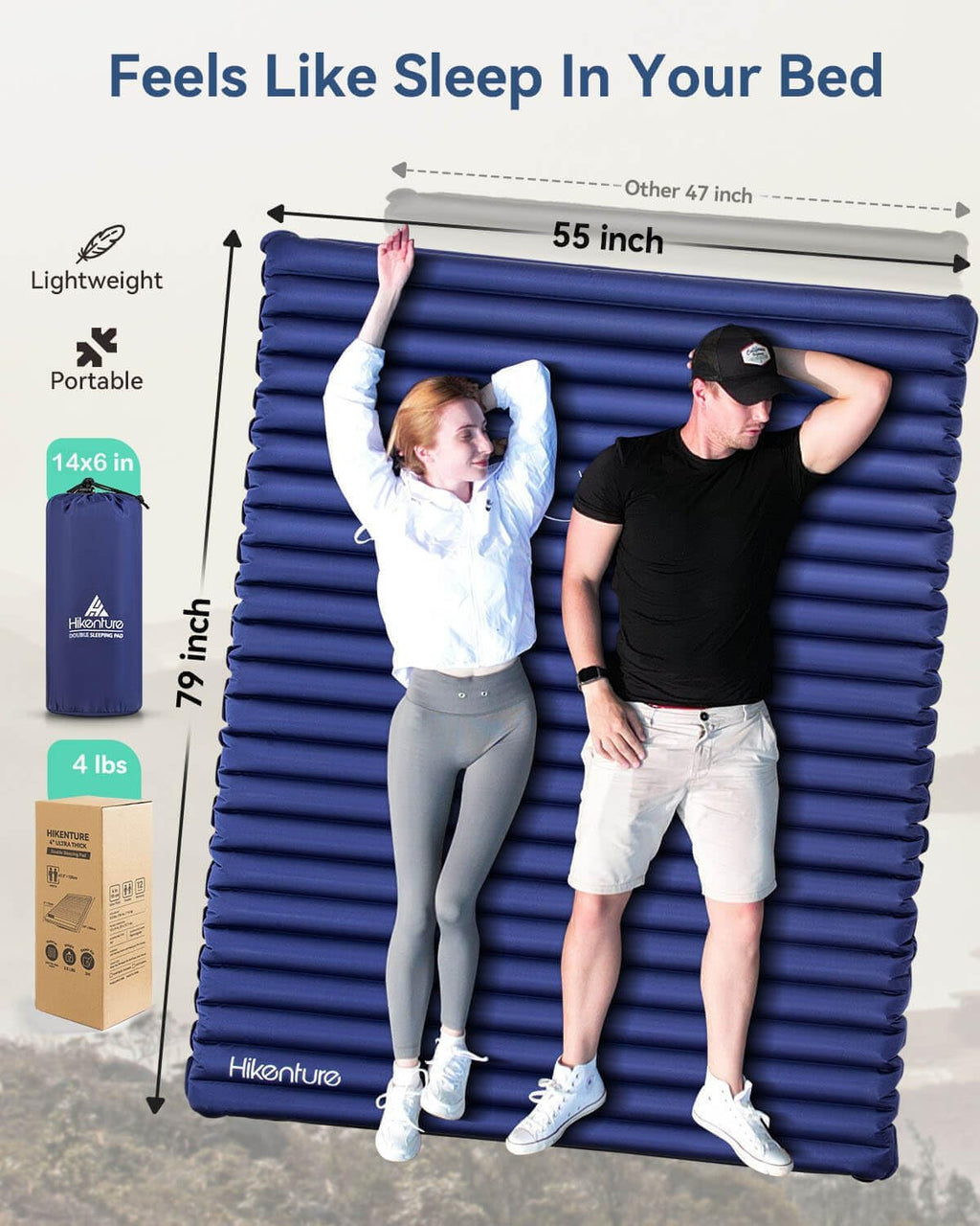 Hikenture Double Sleeping Pad for Camping, Ultralight 4" Extra-Thick Camping Mattress 2 Person, Inflatable Backpacking Sleeping Mat, Hiking Air Mattress for Tent (Navy Pumpsack 79x55in)