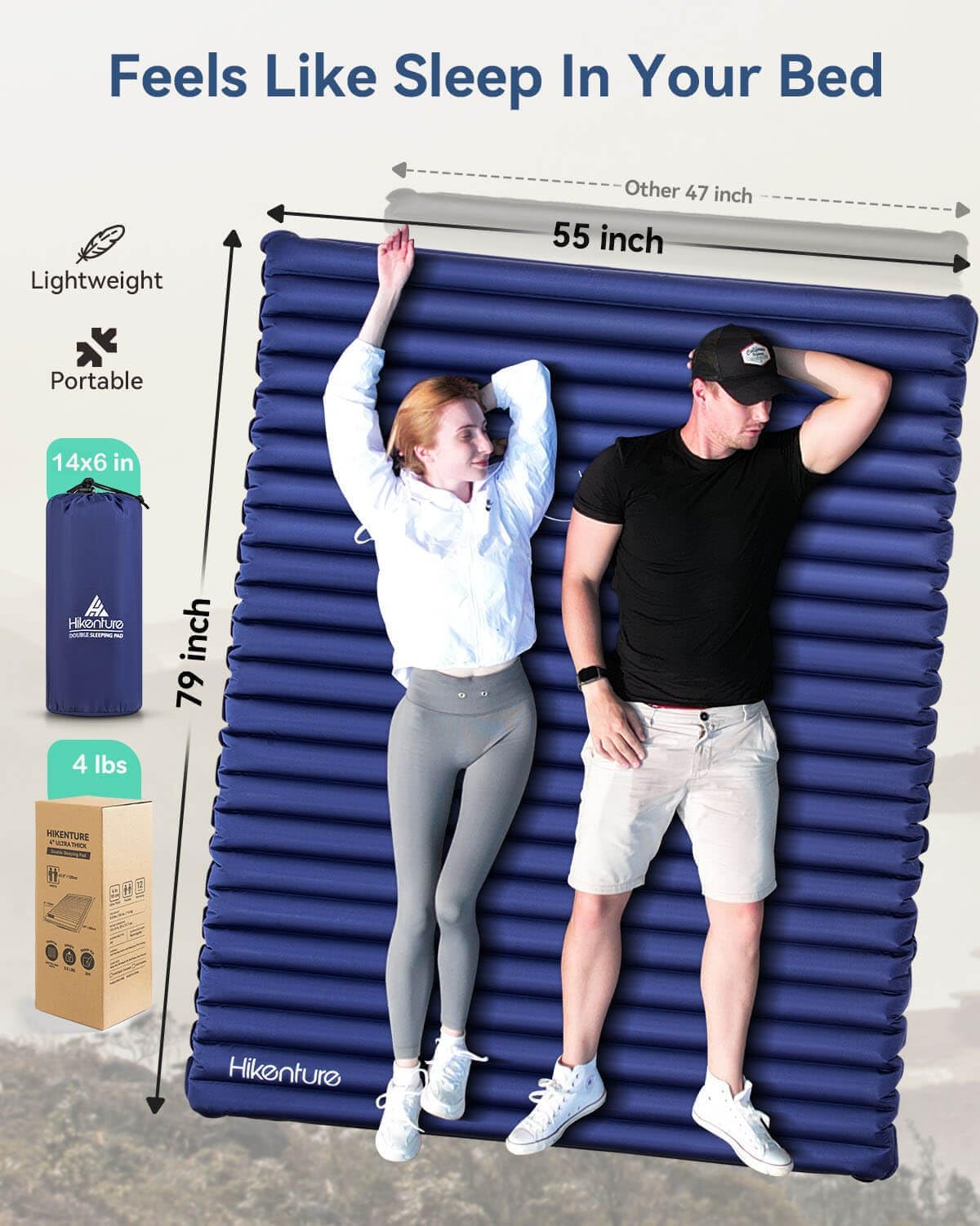 Hikenture Double Sleeping Pad for Camping, Ultralight 4" Extra-Thick Camping Mattress 2 Person, Inflatable Backpacking Sleeping Mat, Hiking Air Mattress for Tent (Navy Pumpsack 79x55in)