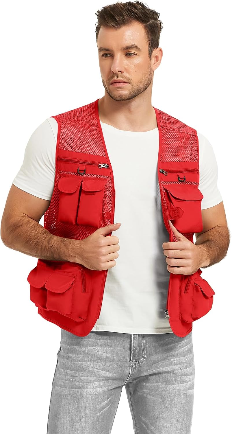Flygo Men's Fishing Vest Utility Lightweight Outdoor Travel Safari Photo Cargo Vest with 16 Pockets