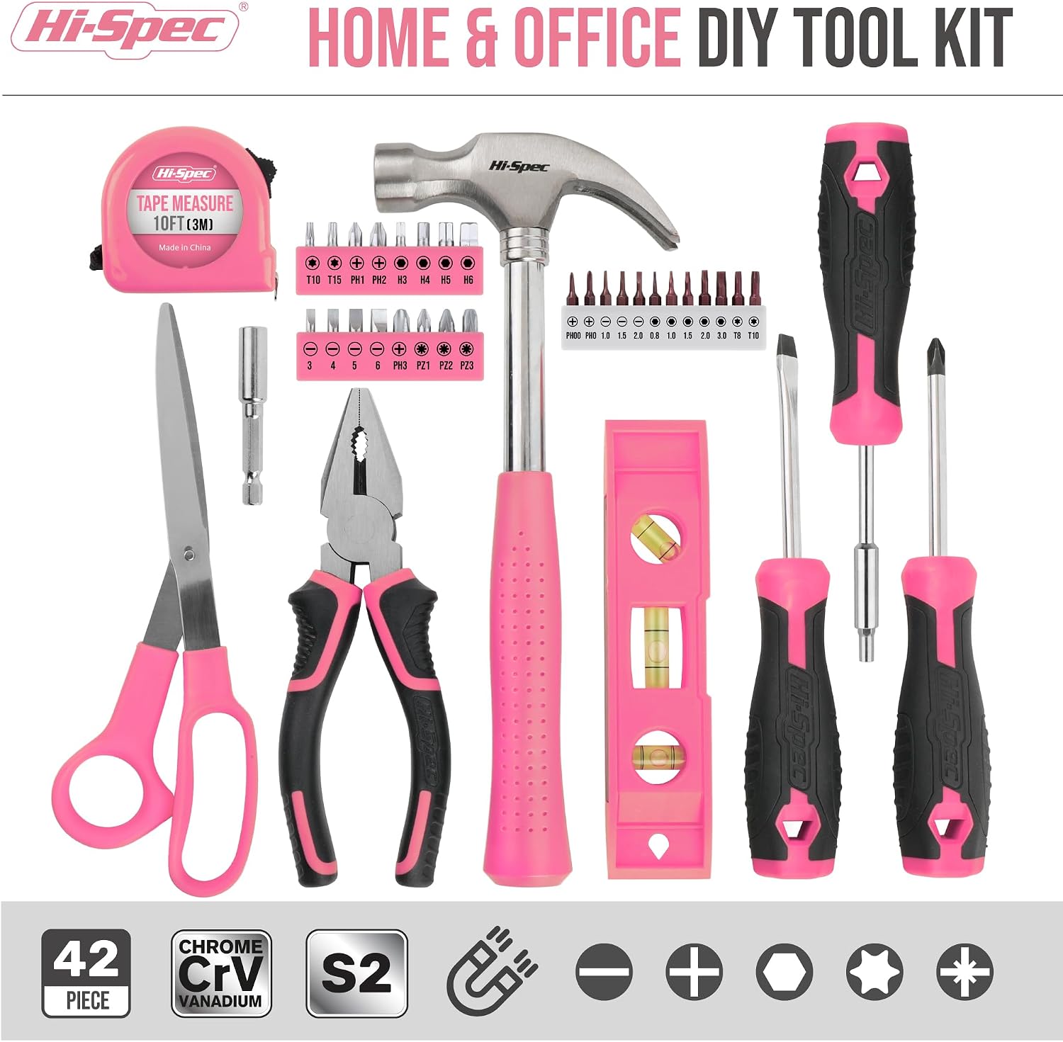 Hi-Spec Tool Kit, General Household Hand Tool Set with Toolbox Storage Case, All-in-One Compact Toolkit for DIY & Dorm Use, Pink