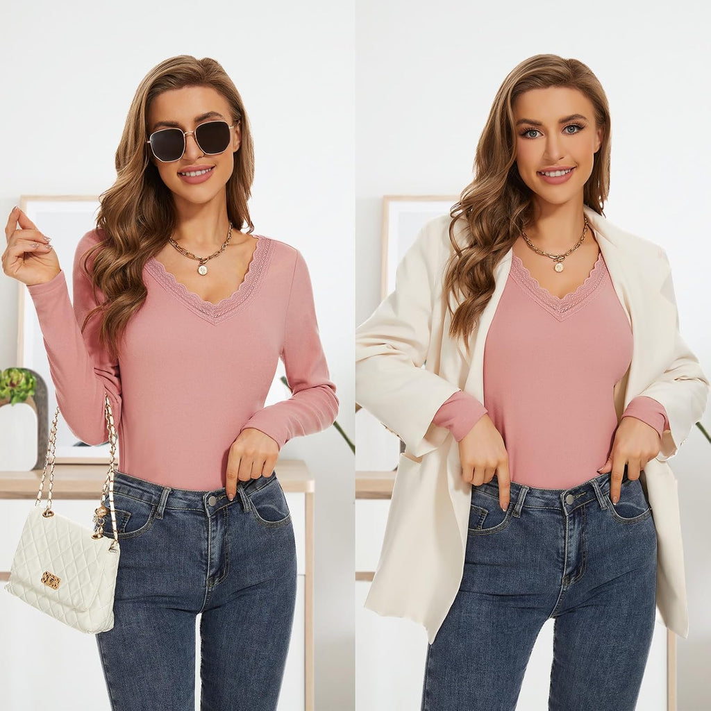 WOWENY Women Thermal Long Sleeve Shirt Fleece Lined Basic Fitted Tops Lace V Neck Undershirts Winter Tight Base Layer