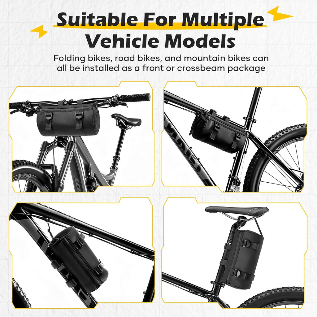 SEAFEW 4L Black Bike Handlebar Bag, Waterproof Bicycle Accessories, Bike Frame Front Pouch with Zipper and Shoulder Strap, Small Mountain Road Bike Barrel Bag