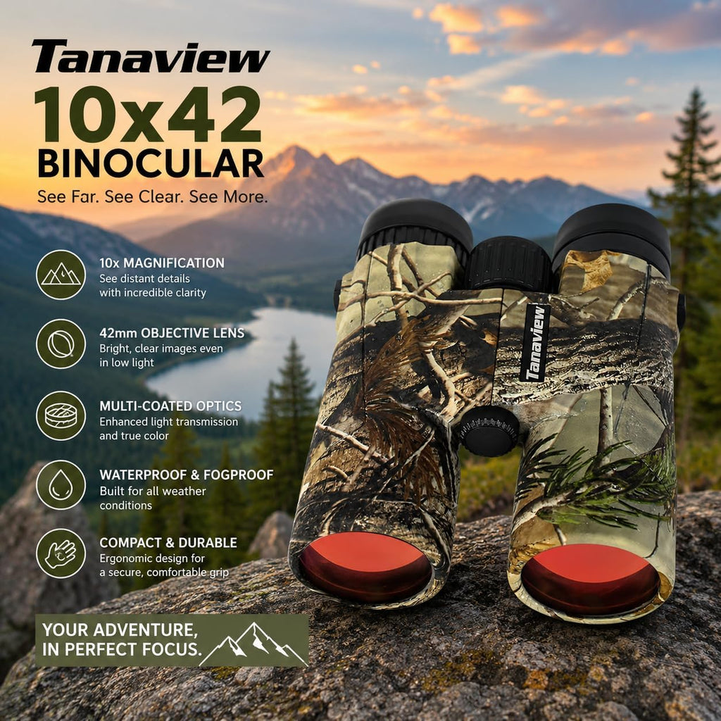 10X42 Compact Binoculars for Adults - Long Distance, High Powered Binoculars with Travel Case - Extra Bright Light & Large Field of View - Lightweight, Water & Fog Proof, Hunting, Bird Watching