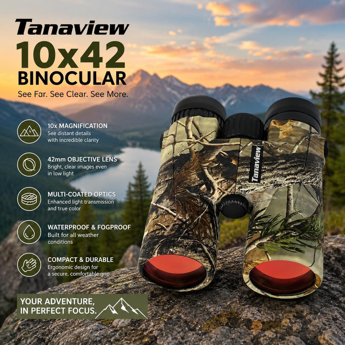 10X42 Compact Binoculars for Adults - Long Distance, High Powered Binoculars with Travel Case - Extra Bright Light & Large Field of View - Lightweight, Water & Fog Proof, Hunting, Bird Watching
