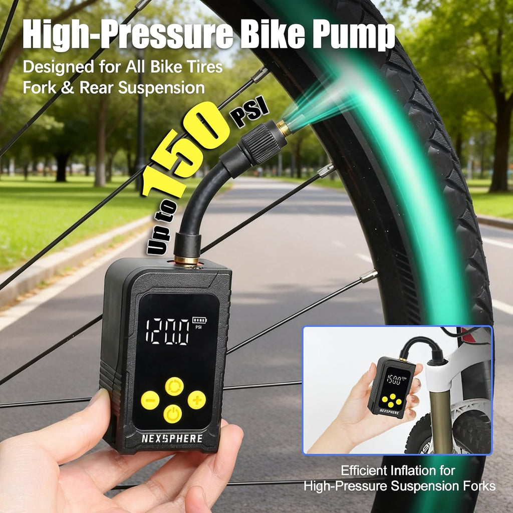Mini Bike Tire Pump, Max 150 PSI, 25s Fast Inflate Bicycle Pump with Gauge, Electric Tire Inflator, Portable Air Pump with Presta & Schrader Valve for Mountain, City, Road, E-Bike, and Ball