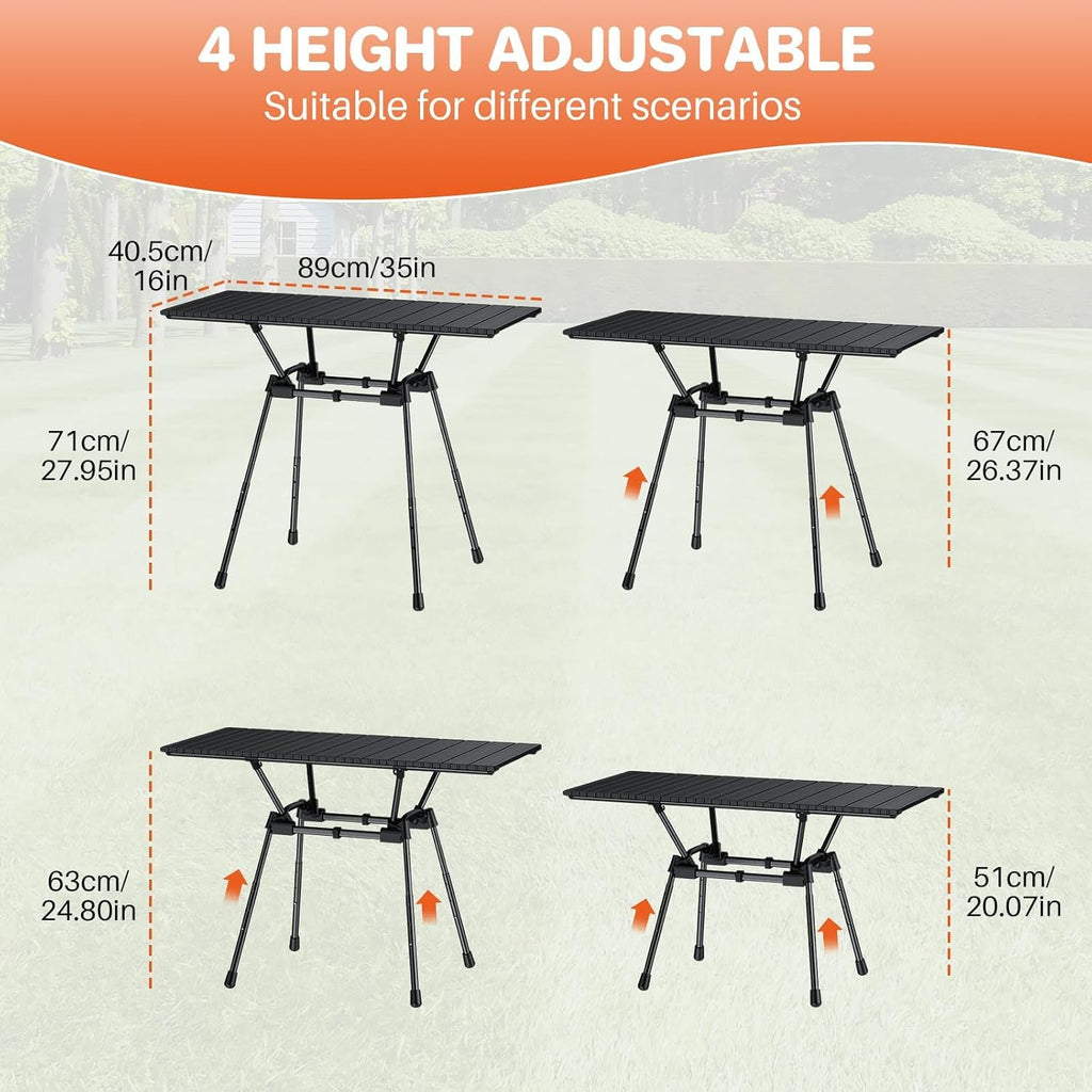 Aluminum Roll Up Camping Table 35''x16'', 4 Adjustable Heights Up to 28''