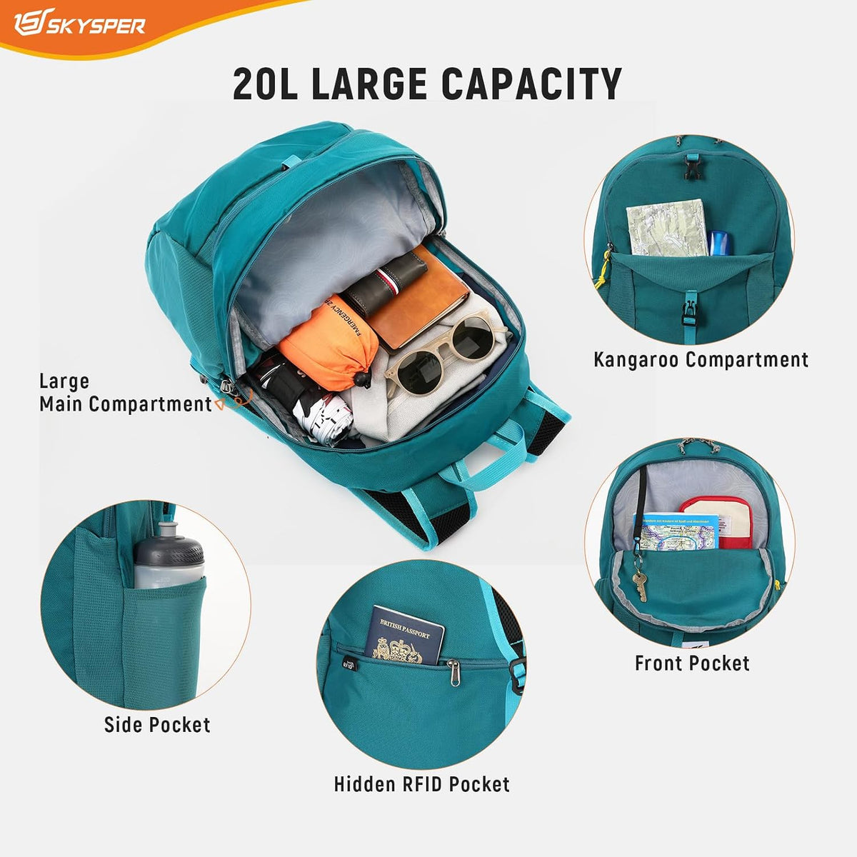 SKYSPER Small Packable Hiking Backpack 20L Anti-theift Travel Daypack