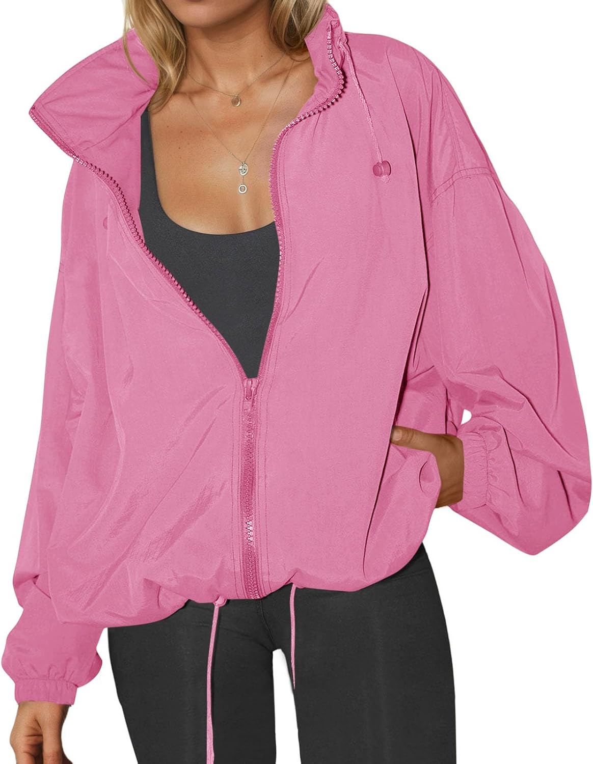 Yousify Womens Waterproof Rain Jackets Lightweight Zip Up Raincoat Outdoor Hiking Hooded Windbreaker with Pocket
