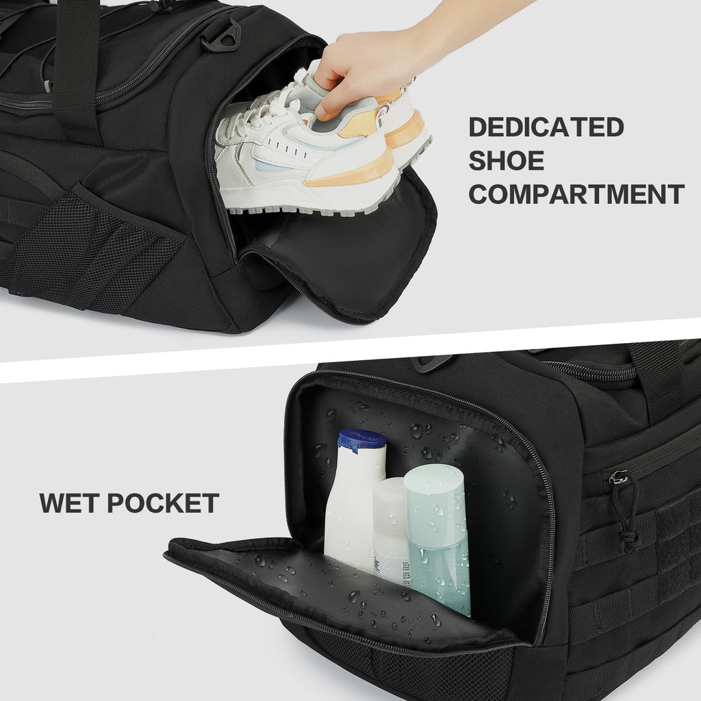 3-in-1 Tactical Gym & Travel Duffle Bag Backpack Men Multi-Functional 45L Military Sports Duffle Bag with Shoe Compartment & Wet Pocket for Workout Weekender Overnight Bag with Molle Webbing, Black
