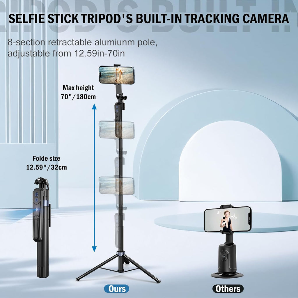 Auto Face Tracking Tripod 360 Rotation with Stand,Android and iPhone Tripod Holder with Remote and Gesture Control, No App,Built-in Tracking Camera Selfie Stick for Vlog Video Recording Tiktok