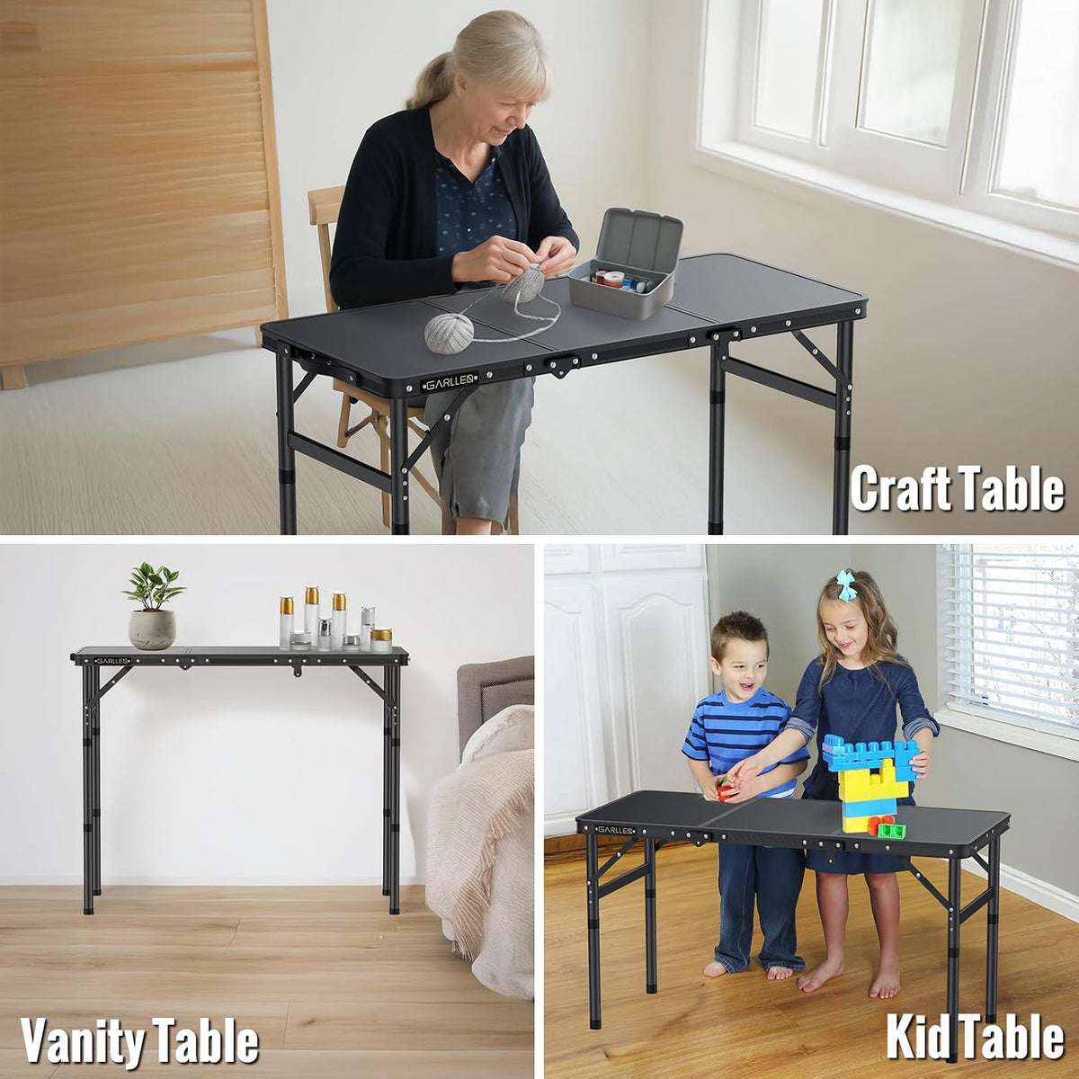 GARLLEN Folding Camping Table 34.2" Lx15.7 W, 3 Adjustable Height Max 27.5"
