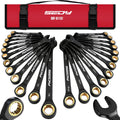 Premium 24-Piece Ratcheting Wrench Set, SAE(1/4-7/8") & Metric(8–19mm) Combination Wrenches, 72-Tooth CR-V Steel with Durable Black Finish, Ratchet Spanners with Roll-Up Tool Pouch for Repair