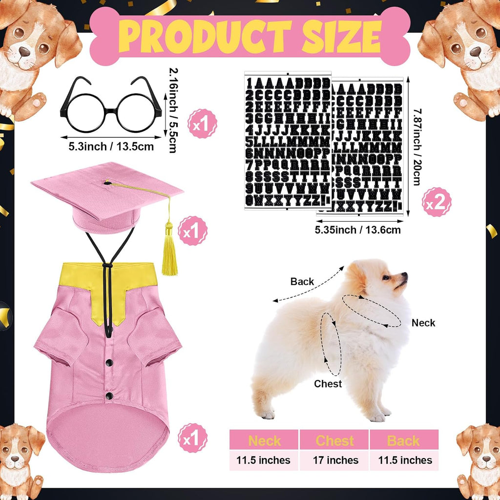 Huhumy 5 Pcs Dog Graduation Costume Set Include 2026 Pet Graduation Gown with Stole Puppy Grad Cap Lensless Glasses DIY Letter Stickers for Dogs Cats Holiday Costume Accessory(Pink Yellow,S)