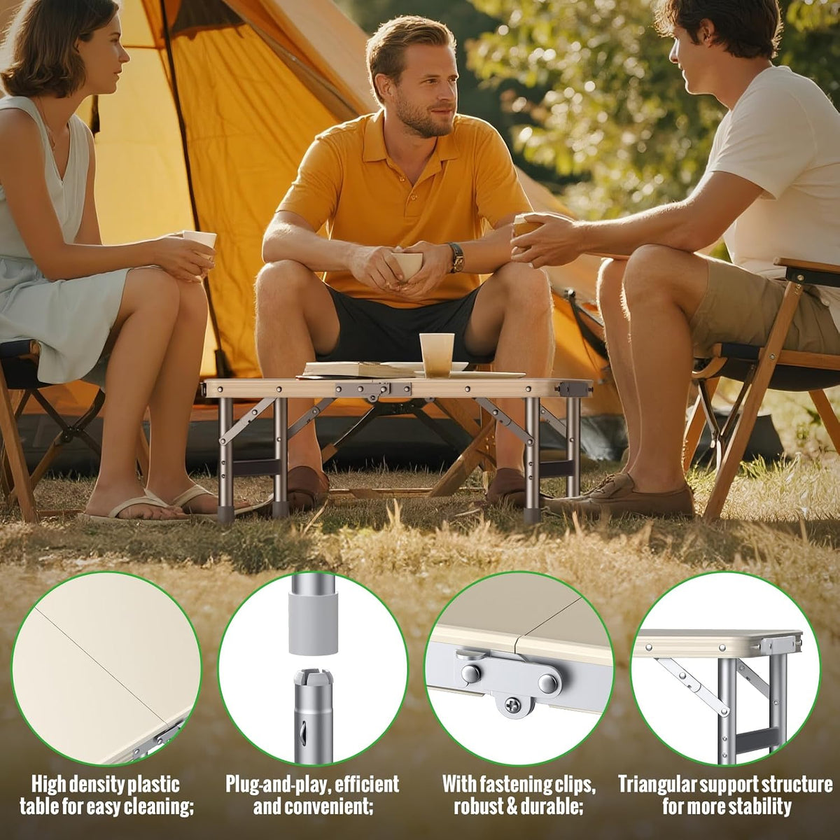 GARLLEN Folding Camping Table with Waterproof Tabletop, 3 Height Max 27.5"