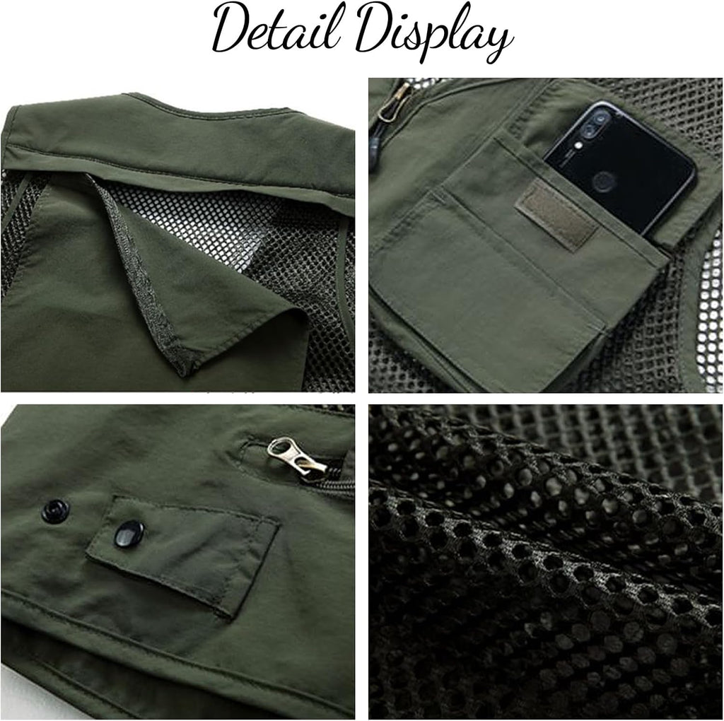 Flygo Men's Utility Cargo Vest Outdoor Fishing Safari Travel Work Photo Vest with Pockets