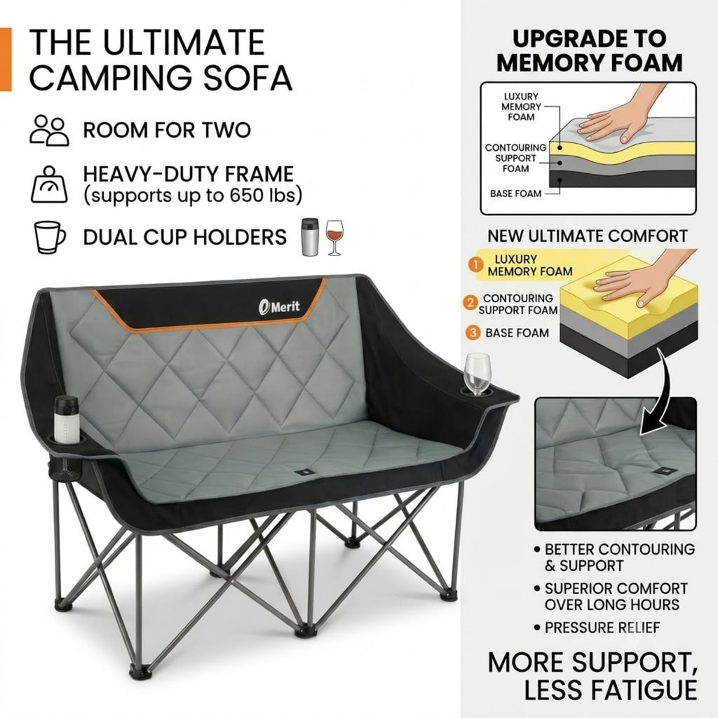 EMERIT Oversized Fully Padded Camping Chair, Heavy Duty 650LB Folding Camping Loveseat, Quad Fold Double Camping Couch with Cup Holders & Carry Bag for Outdoor, Lawn, Sports Events Black