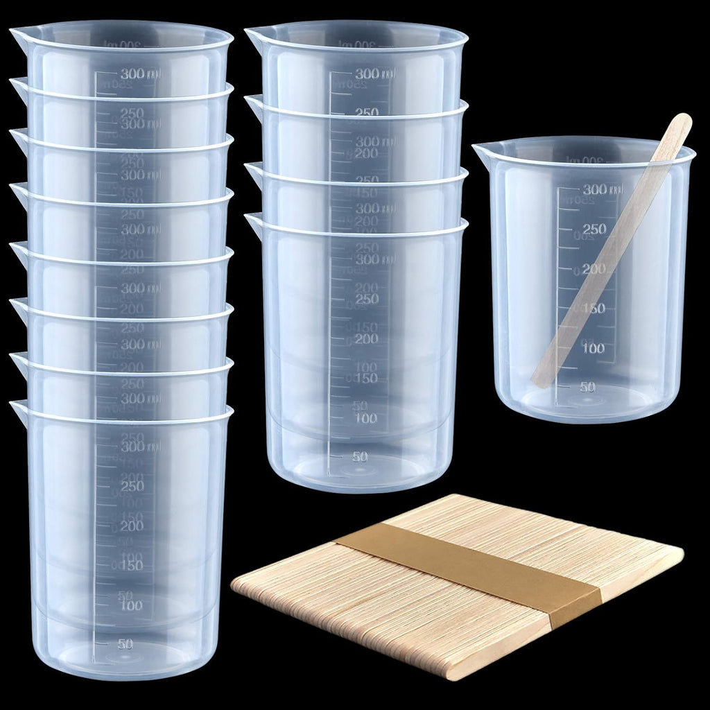 Coopay 12 Pack 200ml/6.8oz Plastic Beakers Epoxy Mixing Cups, Plastic Graduated Cups Clear Multipurpose Measuring Cups with 50 Pack Wooden Stirring Sticks for Resin, Epoxy, Stain, Mixing Paint