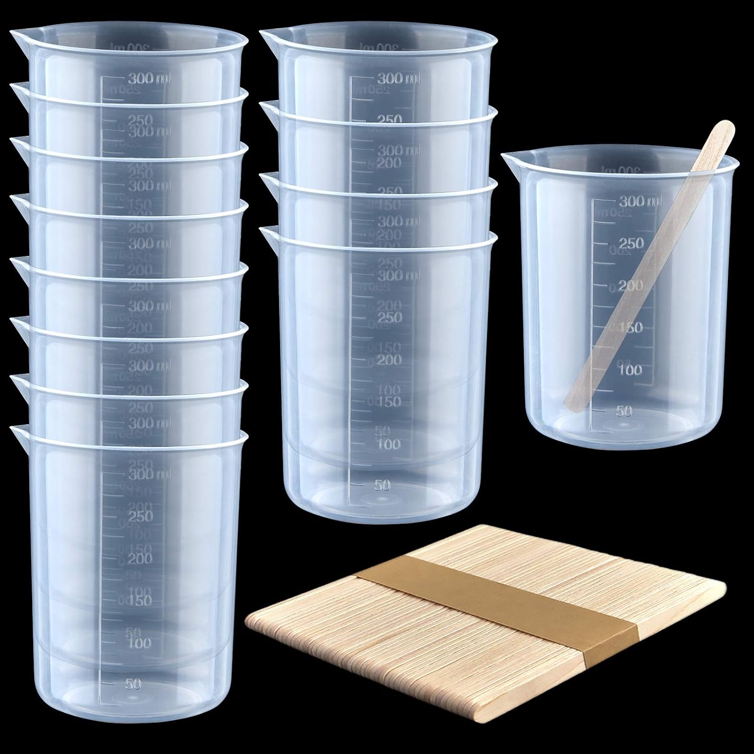Coopay 12 Pack 200ml/6.8oz Plastic Beakers Epoxy Mixing Cups, Plastic Graduated Cups Clear Multipurpose Measuring Cups with 50 Pack Wooden Stirring Sticks for Resin, Epoxy, Stain, Mixing Paint