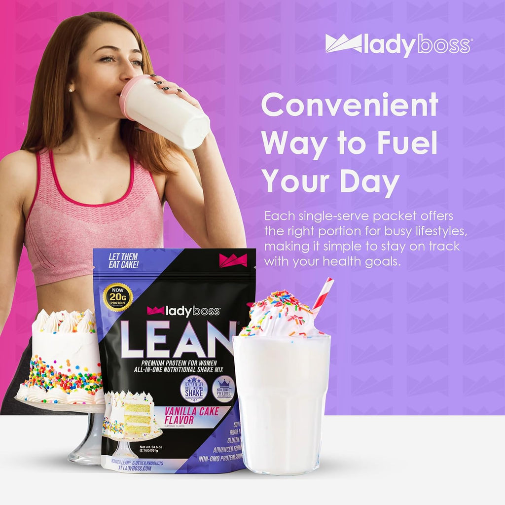 LadyBoss Lean Meal Replacement Protein Shake Vanilla Cake Flavor with 20G Whey Protein, 20 Vitamins & Minerals - Craving Support - 30 Servings