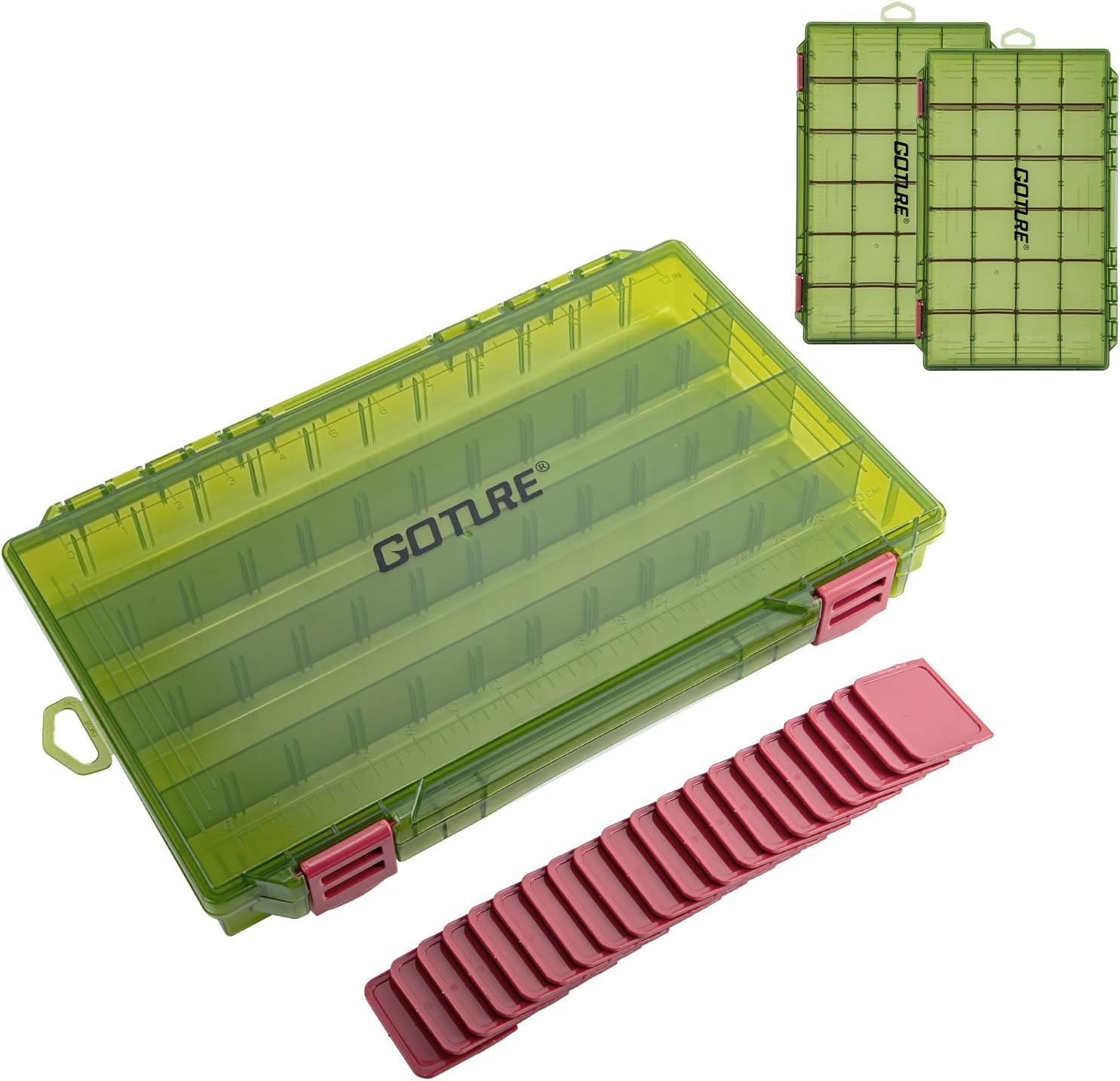 Goture Fishing Tackle Box Organizer - Transparent Fishing Organizer Box w/Measurement Ruler, Adjustable Dividers, Dual Latches | 2 Pcs 3700 Tackle Tray| Ergonomic Grip