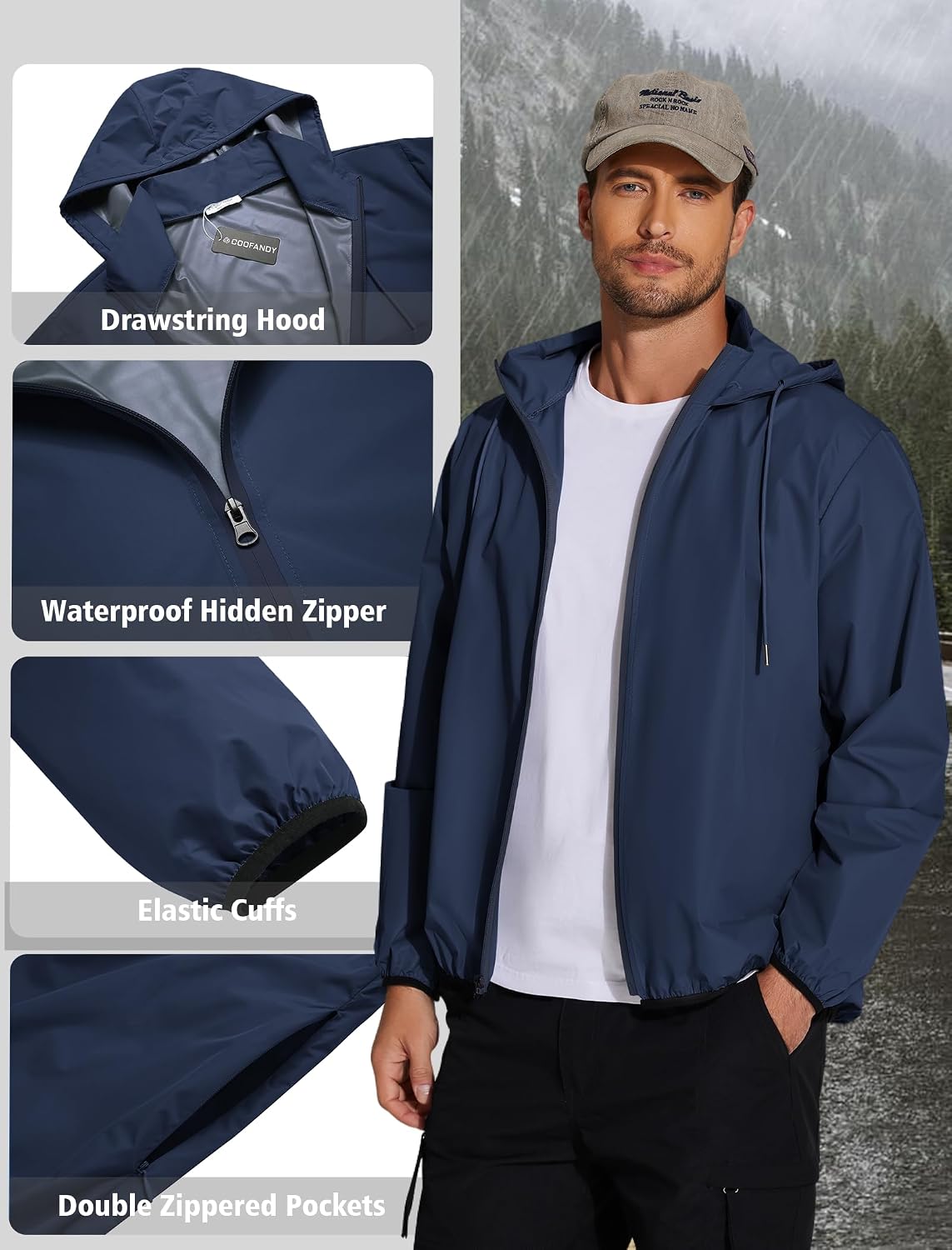 COOFANDY Men's Light Rain Jacket Packable Waterproof Raincoat Windbreaker