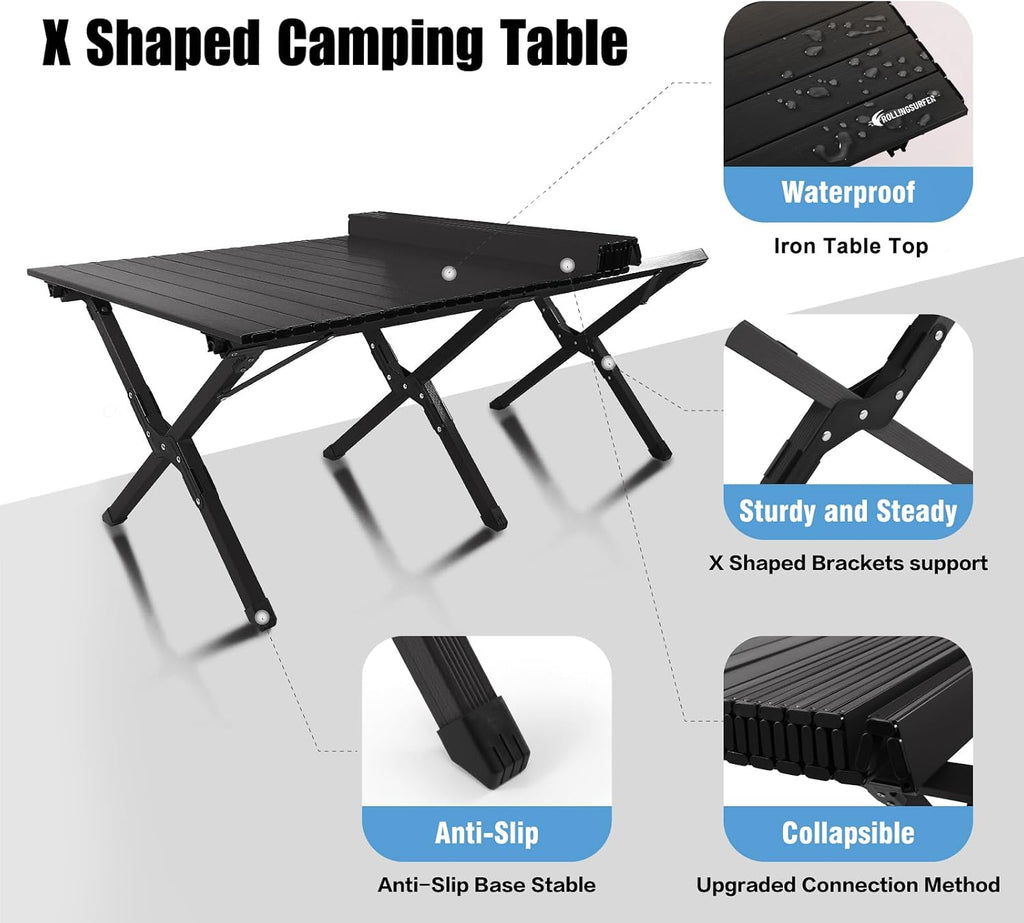 rollingsurfer Folding Camping Table, Lightweight Roll-Up Table Aluminum Low Portable Picnic Table with Easy Carrying Bag for Outdoor, Beach, Picnic, Backyards, BBQ and Party