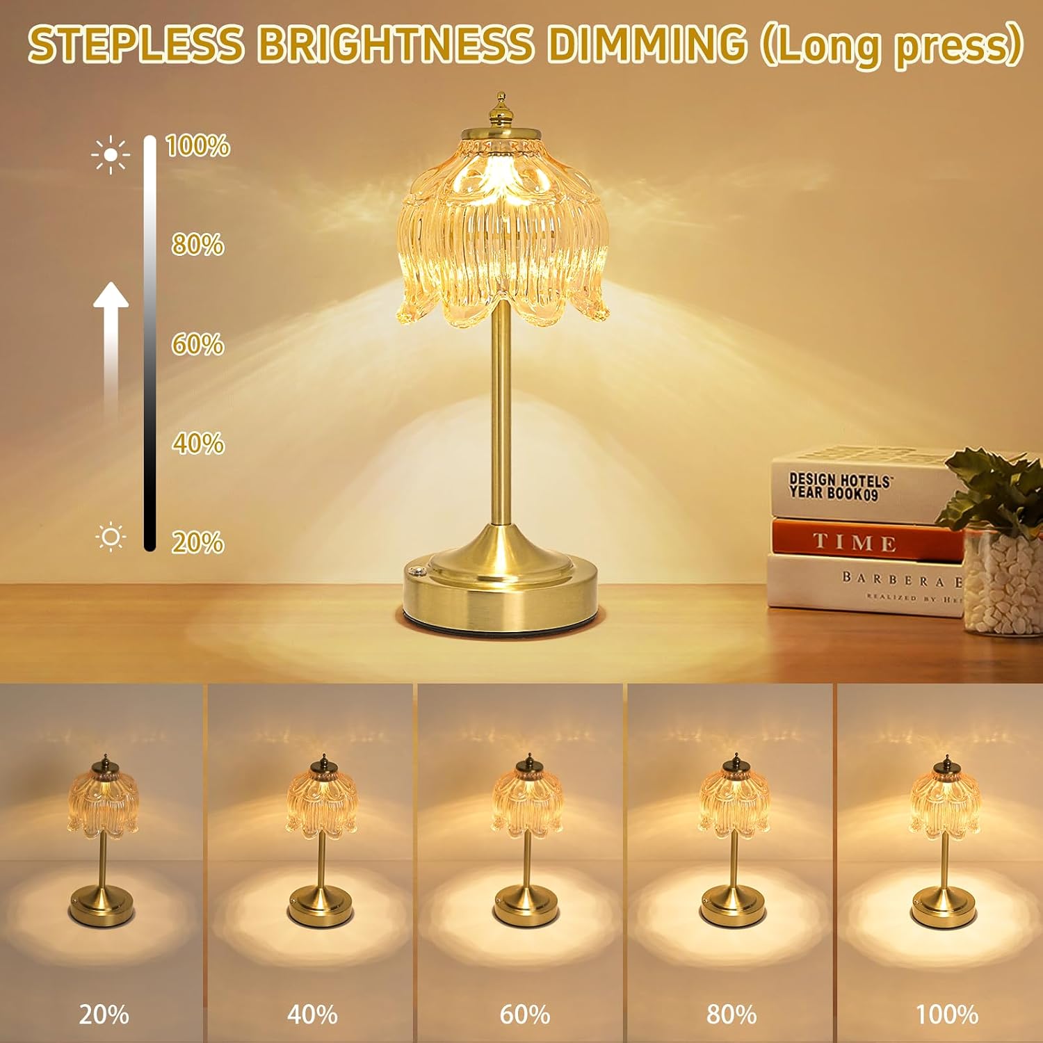 Cordless Table Lamp, Rechargeable Amber Glass Lotus Flower Lamp