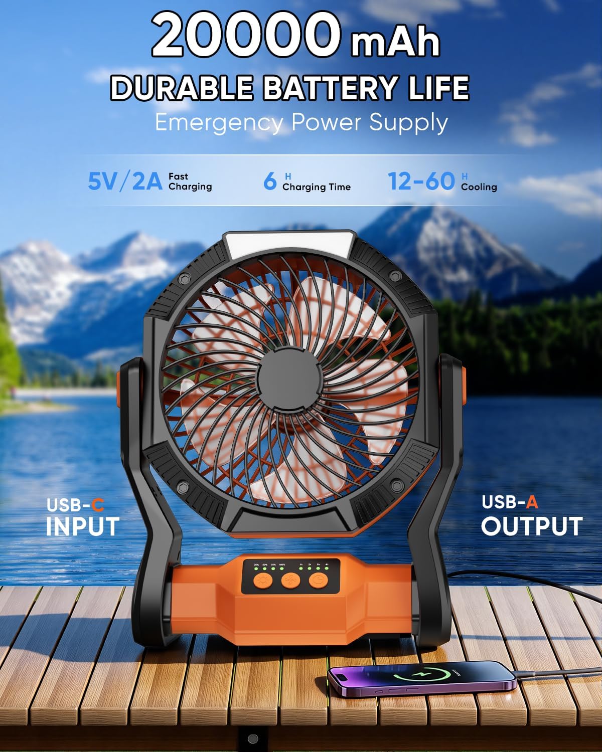 Portable Rechargeable Fan, 20000mAh Battery Powered Camping Fan with LED Light & Hook, 270° Adjustable, 4-Speed, 4H Timer Camping Essentials for Outdoor Tent Travel BBQ Car_Orange