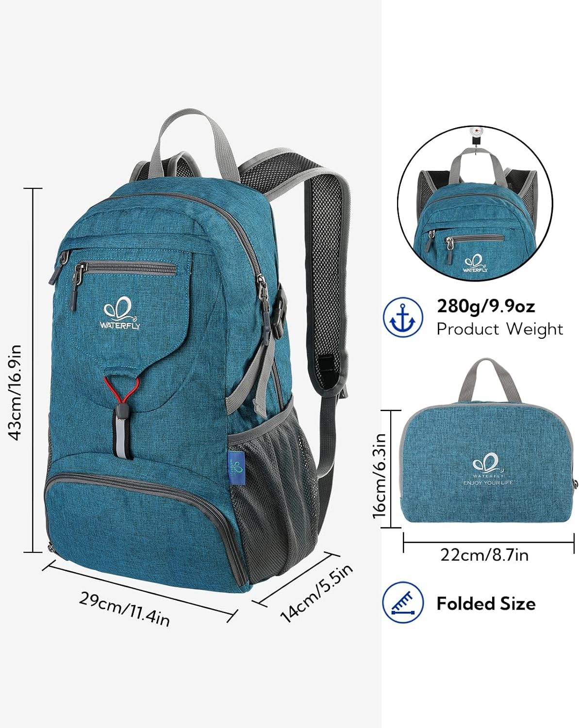 WATERFLY Small Lightweight Packable Backpack: 20l Hiking Daypack Man Woman