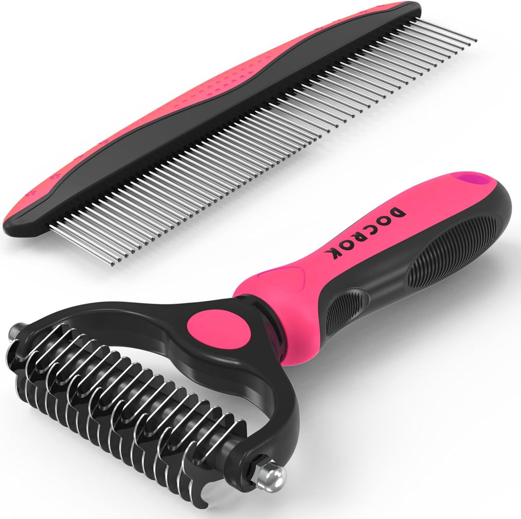 Docrok Pet Grooming Brush and Metal Comb Combo for Dogs & Cats, Pink