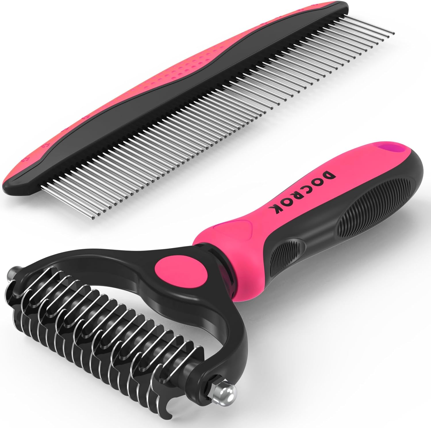 Docrok Pet Grooming Brush and Metal Comb Combo for Dogs & Cats, Pink