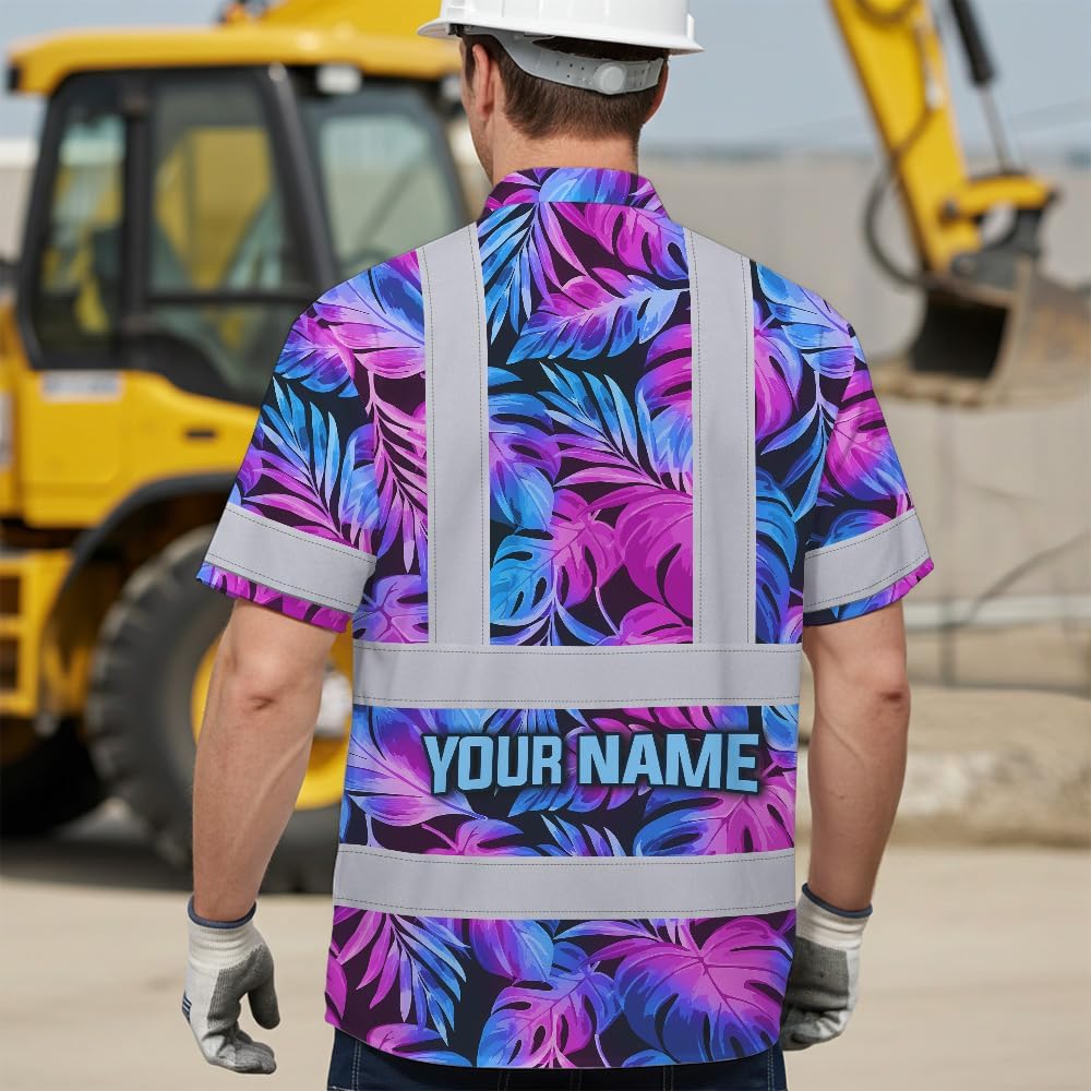 High Visibility Hawaiian Shirt for Men Tropical Shirts Custom Name Floral Outfit Reflective Safety Workwear