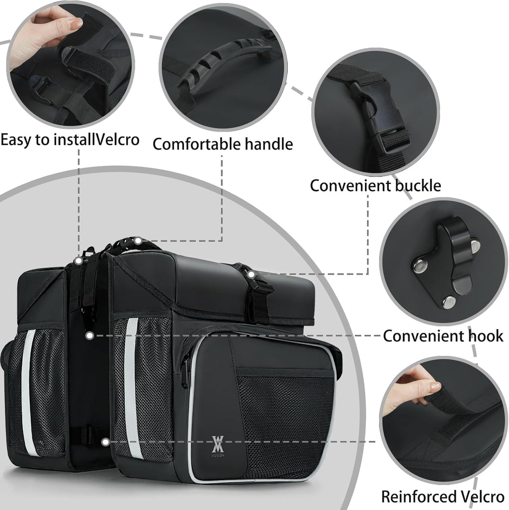 Waterproof Double Panniers Bag - 36L Saddle Bags for Rear Rack Bicycles with Safety Reflective Strips, Bicycle Commuting Pannier Fit Most Bicycle Rack with Rain Cover (With Rain Cover, Black, 36L)