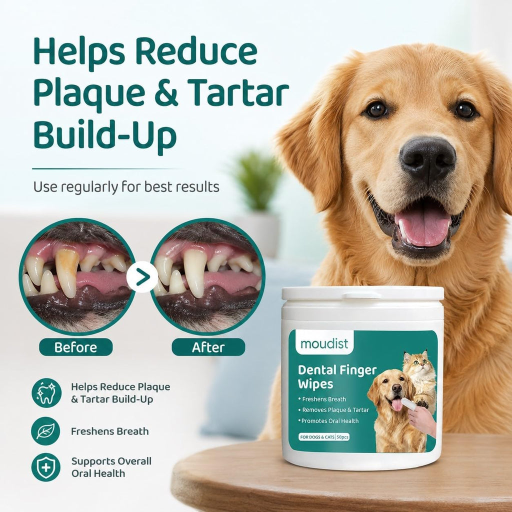Dental Finger Wipes for Dogs & Cats, 50 Count, Pet Teeth Cleaning Wipes, Helps Remove Plaque & Tartar, Freshens Breath, Daily Oral Care