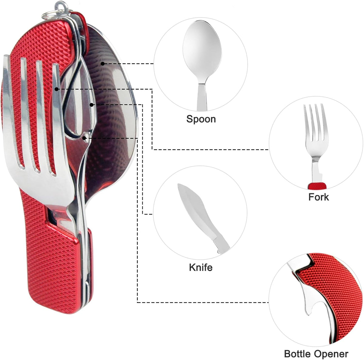 EZYoutdoor 4-in-1 Camping Utensil Set, Steel Fork Spoon Knife, 5 Pack