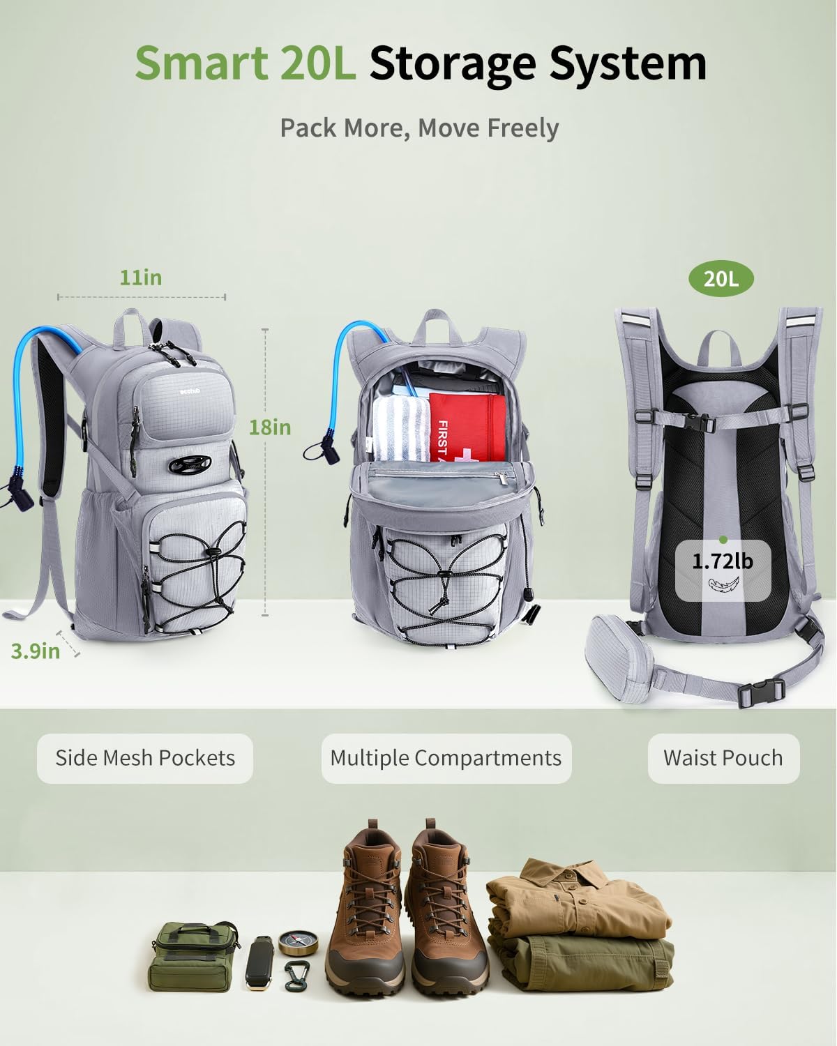 ECOHUB 20L Lightweight Hydration Backpack with 2L Water Bladder&Waist Pack